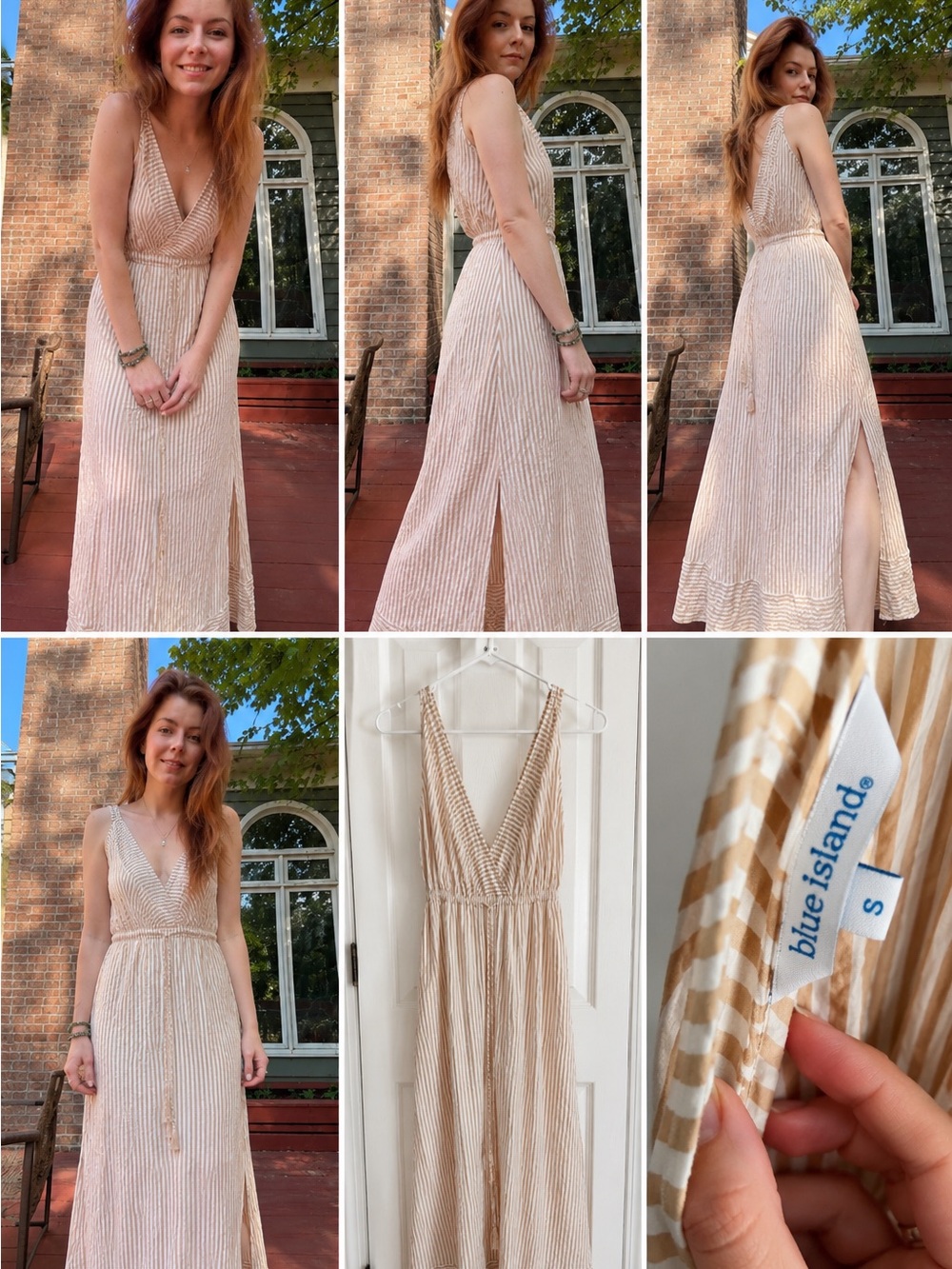 blue island Cream & Beige Striped V-Neck Maxi Dress